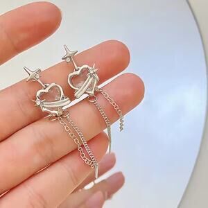 Silver Celestial Planet Heart Drop Earrings w/ Star & Chain Dangle